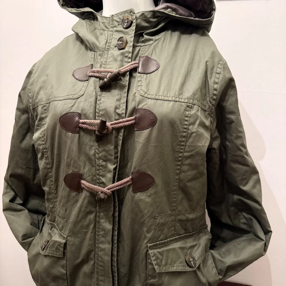 Aeropostale Jacket Utility Toggle Hooded Floral Lined Olive Green Women Large